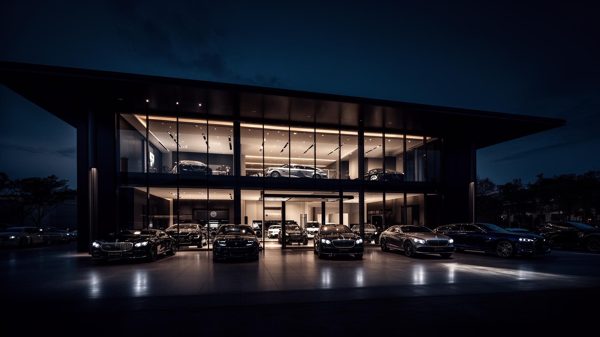Luxury dealership at dusk